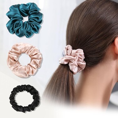 100% Mulberry Silk Hair Scrunchies Silk Elastic Hair Tie Without Hair Damage 3 Pcs , Peacock Blue &amp; Pink &amp; Black