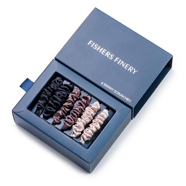 Fishers Finery 25 Momme Pure Mulberry Silk Skinny Scrunchies   Hair Tie Set for Thin Hair (Champagne Brown Black- 6 Pk)