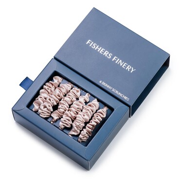Fishers Finery 25 Momme Pure Mulberry Silk Skinny Scrunchies   Hair Tie Set for Thin Hair (Champagne- 6 Pk)