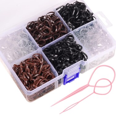Funtopia Mini Hair Ties, 2500Pcs Soft Hair Rubber Bands and Elastics for Girls Women with Organizer Box (Black, Clear, Brown, Dark Brown)