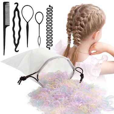 Hair Rubber Bands Set - 1000 Pcs Small Elastics with Topsy Braiding Tools for Kids and Girls - Clear Pink