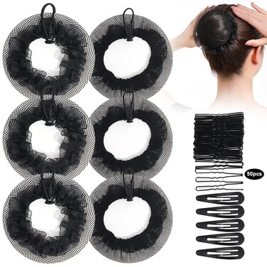 KESAPLAN 6PCS Bun Hair Nets Set Reusable Elastic Mesh Bun Cover for Ballerina Dancer Bank Clerk Nurse Hair Fixing Black Stretch Lace Hair Accessories Headwear for Women Girls Mixed Style (Medium)