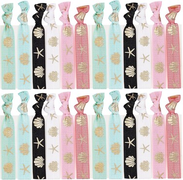 GORGECRAFT 24PCS Printed Glitter Hair Ties Knotted Elastics Ponytail Holders Ocean Theme No Crease Elastic Ribbon Band Ribbon Crease Free Hand Twist Bracelet Accessories for Women