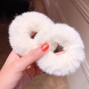 2 PCS Furry Scrunchies - Cute Faux Rabbit Fur Elastic Hair Ties, Bobbles, Ponytail Holders for Girls and Women (Off-white)