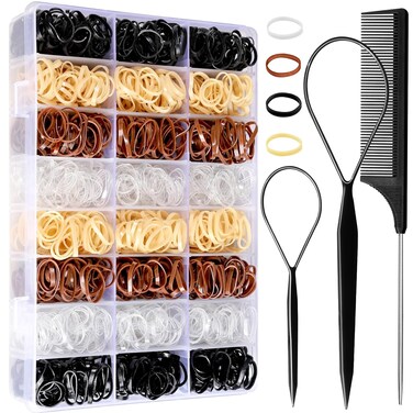 YGDZ Hair Ties, 1500pcs Mini Elastic Hair Bands with Organizer Box, Clear Hair Ties, Hair Accessories Set for Girls, Women, Neutral Colors