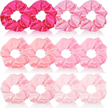Aprince 12 Pieces Pink Satin Scrunchies for Girls Women Hair Ties Ponytail Holder Hair Scrunchies Cute Hair Accessories for Party Valentine's Day