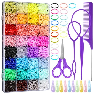 32 Colored Elastic Hair Ties, 1700 Pieces Hair Rubber Bands Rubber Hair Ties with 14 Styling Tools Hair Tie Cutter Hair Accessories for Girls, Baby, Toddler, Kids