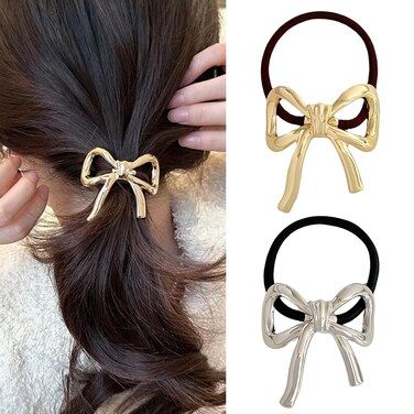 Hair Ties for Women Bowknot Hair Ties for Girls Elegant Elastics Rubber Hair Scrunchies for Long Thick Gold Silver Metal Hair Ties Ponytail Holder Hair Accessories Gifts for Girls 2Pcs