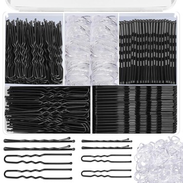 500PCS Bobby Pins Black Hair Pins U Shaped Hair Pins and Hair Rubber Bands for Women &amp; Girls with Storage Box, 2inch, 2.36inch