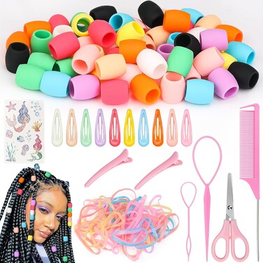 Large Silicone Hair Beads Set for Girls Braids, 60 PCS Soft Colorful Silicone Hair Beads for Girls Women Hair Accessories, with 7 Hair Styling Tools, Hair braiding kit, Christmas Gift