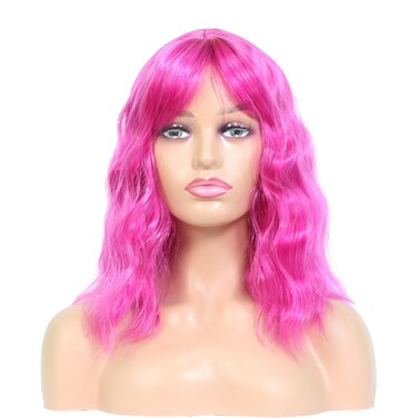 Hot Pink Wavy Wig With Bangs, Wavy Bob Wigs for Women, Wavy Bob Wig with Bangs Synthetic Natural Looking Heat Resistant Fiber Wigs Cosplay Halloween Party Wigs for Girl Colorful Costume Wigs?Hot Pink?