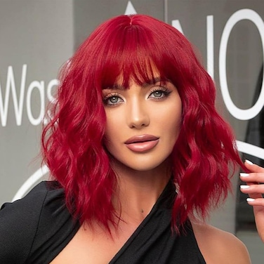 Red Wavy Wigs With Bangs Short Bob Wavy Wigs for Women Curly Synthetic Wig Wavy Cosplay Wig for Girls Daily Use Colorful Wigs(14 Inch) (Red)