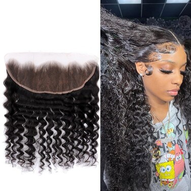 MY SHINY WIGS 13x4 Real HD Lace Frontal, Deep Wave Pre Bleached Knots Hd Frontal 13x4 Pre Plucked Clean Hairline Human Hair Invisible Swiss Lace Natural Black 14 Inch