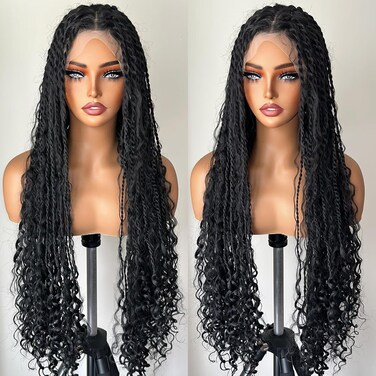 Full Lace Original Braids Wigs, Non-Grafted Knotless Box Braided Wig with Boho Curls Handmade Braids Detachable, Reused, Real like Born Braids Black Wig for Black Women Bohemian Braids 30 Inch