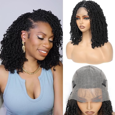 12-Inch Pre-looped Yanky Twists Full lace Braided Wigs for Black Women Black Bohemian Spring Twists Hair Passion Twist Wigs with Curls Synthetic Marleybob Crochet Braids Hair Wigs 1B