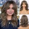 Short Highlight Dark Brown Curly Wavy Bob Wig with Curtain Bangs Ombre Brown Mixed Ash Blonde Curly Bob Wigs with Bangs for Women Synthetic Bob Wavy Wig Shoulder Length Wig 14inch