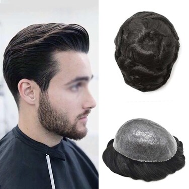 Mens Hairpieces and Toupees Human Hair Replacement Systems Full Poly Hair Toupee for Men Hair System Mens Hairpiece Prosthesis Units Protesis Capilar Para Hombre 8x10#1B OFF BLACK