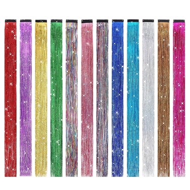 BHF 12 Colors Glitter Hair Extension 19 Inch Tinsel Hair Extensions Tinsel Kit Shiny Highlights Colorful Heat Resistant Hair Accessories for Girls Xmas New Year Party Clip in Gold Sparkling Fairy Hair