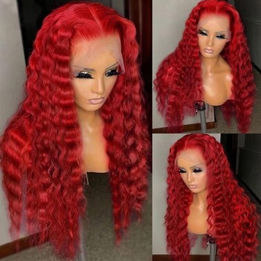 Bright Red Loose Curly Lace Front Wigs Pre Plucked Loose Curls Wig Glueless Red Colored Wigs Heat Resistant Long Water Wave Synthetic Lace Front Wigs for Fashion Black Women