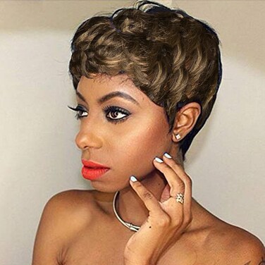 Natural Curl Human Hair Pixie Cut Wigs for Black Women Glueless Layered Short Wig with Highlight Brown 4/27 Hair Color Curly Pixie Cut Bob Wig for African American