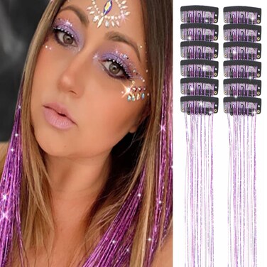 12Pcs Clip in Hair Tinsel 24Inch Glitter Tinsel Hair Extensions Kit Hair Tinsel Clip in Hair Tinsel Heat Resistant Sparkly Fairy Hair Accessories for Girls Women Kids (Purple)