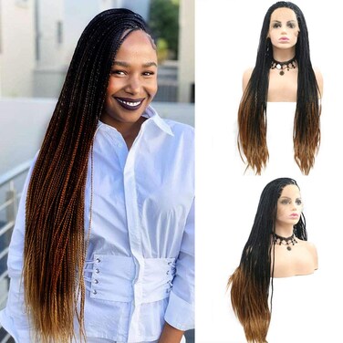 Micro Braided Box Braids Wigs Ombre Brown Braided Long Lace Front Wigs with Natural Hairline for African American Women Glueless Heat Fiber Hair Replacement Wigs Festival Drag Queen Daily Wig