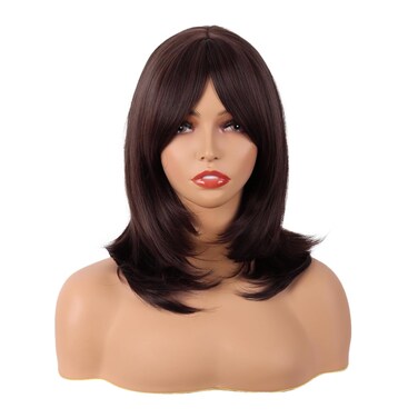 MapofBeauty 18 Inch/45 cm Layered Bangs Straight Synthetic Fiber Shoulder Length Hair Daily Use Wig (Dark Brown)