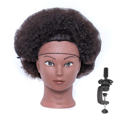 Afro Mannequin Head 100% Real Hair,Traininghead Styling Head Braid Hair, Dolls Head for Practicing Cornrows and Braids (Table Clamp Stand Included)