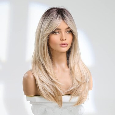 Long Blonde Wig with Bangs, Ombre Blonde Layered Synthetic Hair Wigs for Women with Dark Roots