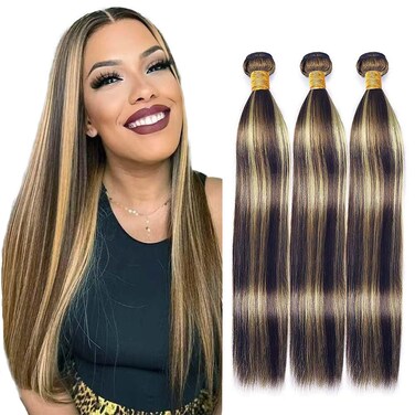 26 28 30 inch Highlight Human Hair Bundles P1B27 Straight Bundles Ombre Hightlight Straight Bundles Brazilian Virgin Remy Hair Extensions Double Weft Honey Blonde Straight Bundles Weave
