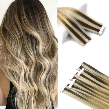 M-Tape Hair Extensions Real Virgin Human Hair Balayage M-Tape in Hair Extensions 16 Inch Seamless Hair 20PCS Per Pack Glue on Human Hair Extensions (16 inch, T8/24+60)