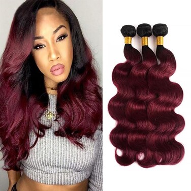 1B99J Human Hair Bundles Burgundy Body Wave Bundles Brazilian Virgin Remy Hair Extensions Two Tone Black and Burgundy Bundles 1B99j Body Wave Bundles Human Hair Weave 18 20 22 inch