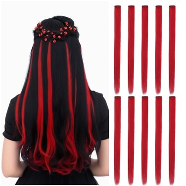 10 Pcs Hair Extensions Clip in Colored Hair Extensions Straight Hairpiece Synthetic Clip in Hairpieces for Women Girls Kids Party Highlights (Red)