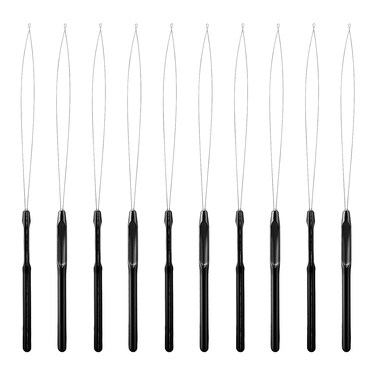WLLHYF 10 Pieces Hair Extension Loop Needle Threader Pulling Hook Tool Hair Extension Tools Micro Rings Nano Beads Device Tool Styling Accessories for Hair and Feather Extensions (Black)