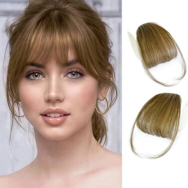 Clip on Bangs Real Human Hair Clip in Bangs Extensions Light Brown Air Bangs Fringe with Temples Hairpieces for Women Curved Bangs for Daily Wear(6# brown Bangs)