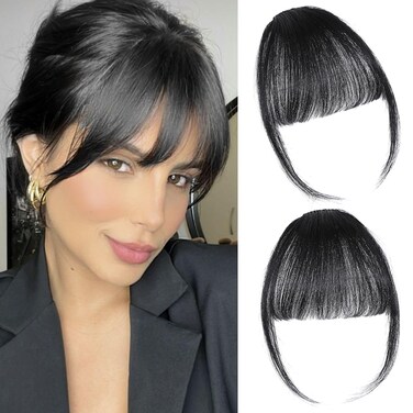 Clip-on Natural Black Human Hair Extensions - Wispy Bangs with Temples for Daily Wear
