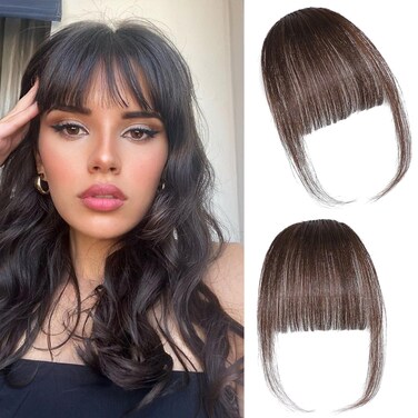 Clip in Bangs 100% Real Human Hair Extensions Wispy Dark Brown Fake Hair Pieces for Women Fringe with Temples Daily Wear
