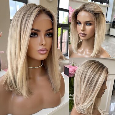 Balayage Ash Blonde Bob Wigs Human Hair Pre Plucked Double Drawn Ombre Highlight Straight Short Blonde Bob with Brown Dark Roots HD Remy Hair 13x4 Lace Front Colored Wig Human Hair for Woman 12In 180%