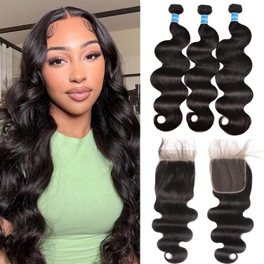 Human Hair Bundles with Closure Body Wave 3 Bundles with Closure(18 20 22+16)10A Grade Brazilian Virgin Hair Human Hair Bundles with 4x4 Lace Closure Free Part Body Wavy Bundles Weave Hair Extensions