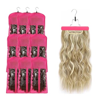 10pcs Hair Extensions Hanger Bags with Wooden Hanger Dust proof Wig Storage Bag Portable Hair Extension Storage Bag Strong Holder Wigs Carrier Bags with Transparent Zip Up Closure -Pink