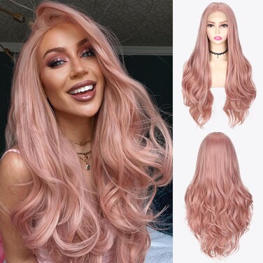 WIGNEE 28 Inch 13x3 Lace Front Wig Long Pink Wavy Wigs For Women Middle Part Curly Wavy Wig Long Wavy Wig Synthetic Heat Resistant Wig For Halloween/Party/Cosplay(Ash Pink)