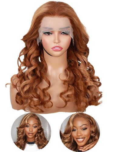 Domiso 13x4 Brown Body Wave Lace Front Wigs Human Hair Pre Plucked 28 Inch 13x4 HD Transparent Frontal Honey to Blonde Glueless Wigs Human Hair with Baby Hair for Women 180 Density Human Hair Wig