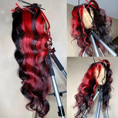 Red Highlight Body Wave Lace Front Wig 13x4 Transprent HD Lace Frontal Wig Brazilian Human Hair Wigs Pre Plucked Remy Wine Red Ombre Hair 180% Middle Deep Parting Virgin Hair Wigs for Women