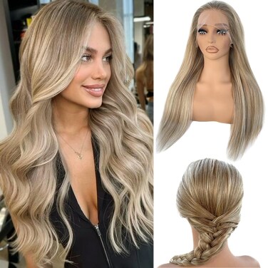 Highlight 13x4 HD Lace Front Wig Human Hair 22 Inch Balayage Ash Brown to Beige Blonde to Platinum Blonde Human Hair Lace Frontal Wig for White Women Glueless Wigs 180% Density Colored Remy Hair Wigs