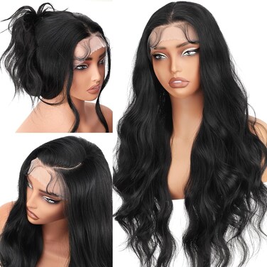 13x4 Black Wig Synthetic Lace Front Wigs Pre Plucked HD Long Wavy Black Wigs for Women 28inch With Baby Hair