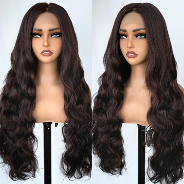 SOKU 13x6 Body Wave Lace Front Wigs Synthetic 28 Inch Natural Wave Wigs with Baby Hair Brown Lace Frontal Wig Pre Plucked Free Part HD Transparent Lace Wig for Women Girls Daily