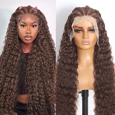 Chocolate Brown Lace Front Wigs Human Hair Deep Wave 13x6 Head Braided Lace Frontal Wigs Human Hair Pre Plucked with Baby Hair 180% Density Colored Wigs Human Hair Brown Curly Wig For Women 20 Inch