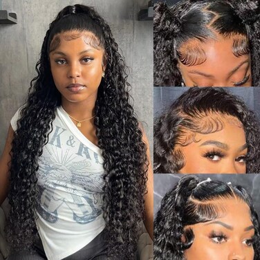 34 Inch 13x6 Lace Front Wigs Human Hair Jeyy Curly 13x6 HD Lace Frontal Wig Human Hair Pre Plucked 180% Density Glueless Deep Curly Wave Wigs for Black Women Wet and Wavy Super Soft