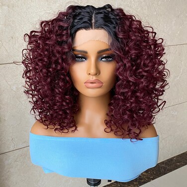 Felek 16inch Curly Lace Front Wigs Middle Part Jerry Curl Wig Ombre Burgundy Color T Lace Front Curly Synthetic Pre-Plucked Deep Curly Wigs For Black Women(T1B/BUG)