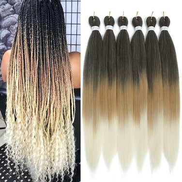Pre Stretched Braiding Hair 36inch 6Packs Ombre Blonde Braiding Hair Pre Stretched For Black Women 1b 27 613 Soft Yaki Straight Hot Water Setting Synthetic Hair Extensions(#1b/27/613,6Packs)